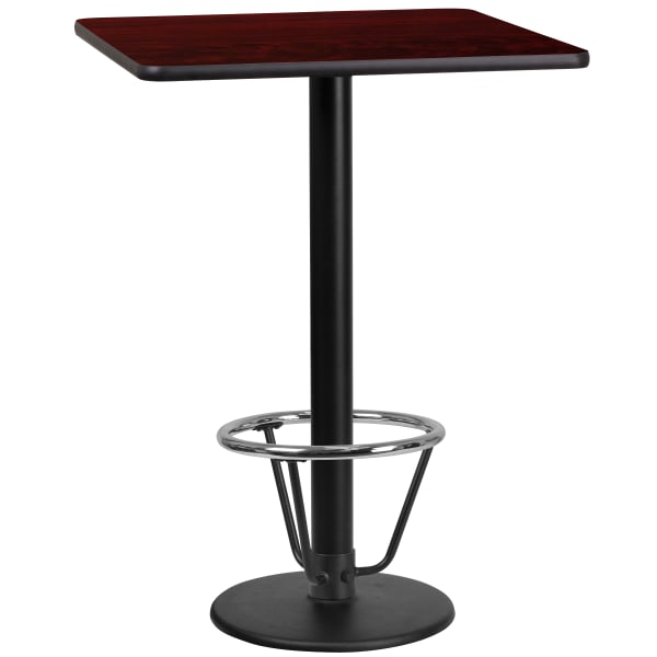 Flash Furniture Square Laminate Table Top With Round Bar-Height Table Base And Foot Ring, 43-1/8inH x 24inW x 24inD, Mahogany/Black