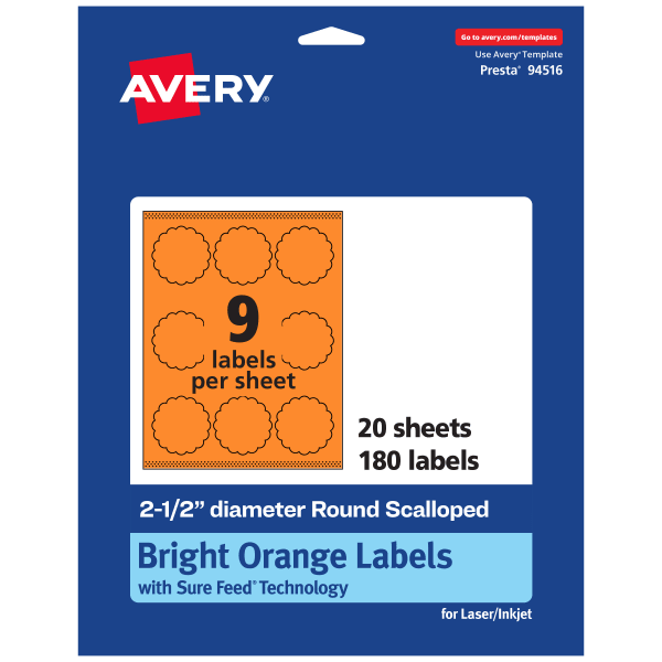 Avery Print-To-The-Edge Labels With Sure Feed Technology, 94516-BOP20, Round Scalloped, 2-1/2in, Matte Bright Orange, Pack of 180