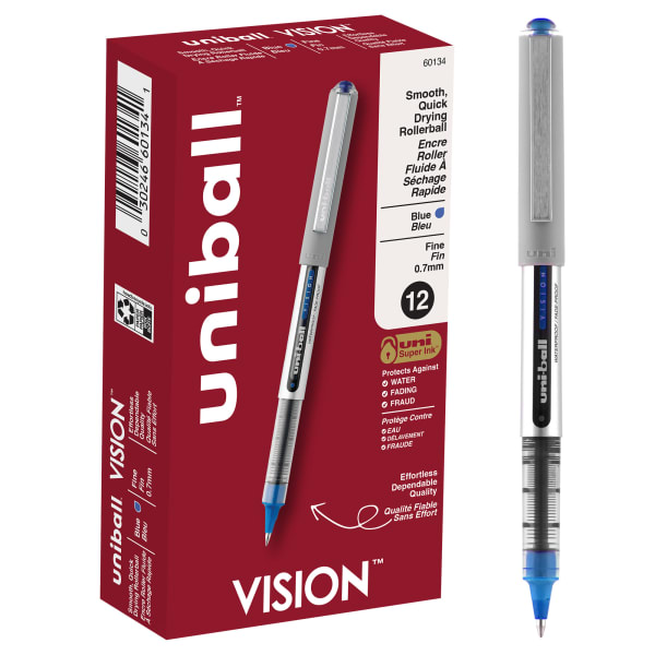 uni-ball Vision Rollerball Pens, Fine Point, 0.7 mm, Gray Barrel, Blue Ink, Pack Of 12