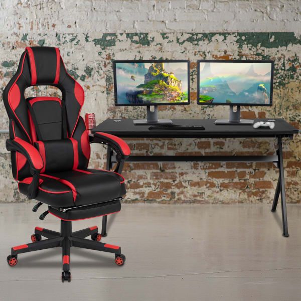 Flash Furniture Gaming Desk And Chair Set With Cup Holder, Headphone Hook, Removable Mousepad Top, Footrest & Reclining Back/Arms, Red