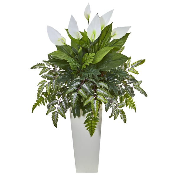 Nearly Natural Mixed Spathiphyllum 36inH Artificial Plant With Tower Vase, 36inH x 26inW x 26inD, Green/White