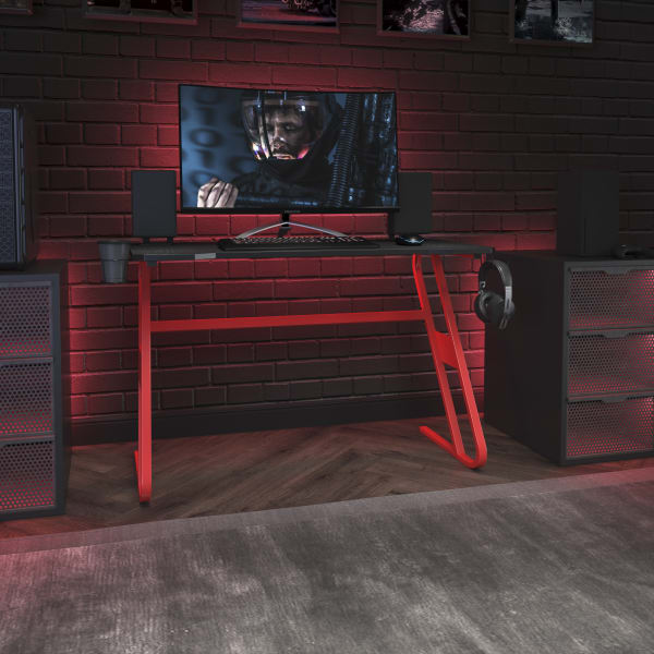 Flash Furniture 52inW Ergonomic PC Gaming Computer Desk With Cup Holder And Headphone Hook, Black/Red