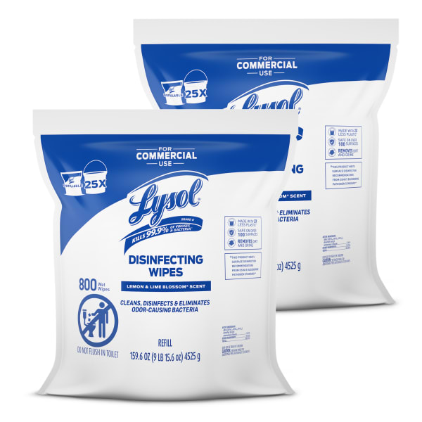 Lysol Professional Disinfecting Wipe Refills, Lemon And Lime Blossom, 6in x 8in, White, 800 Sheets Per Bucket, Set Of 2 Refills