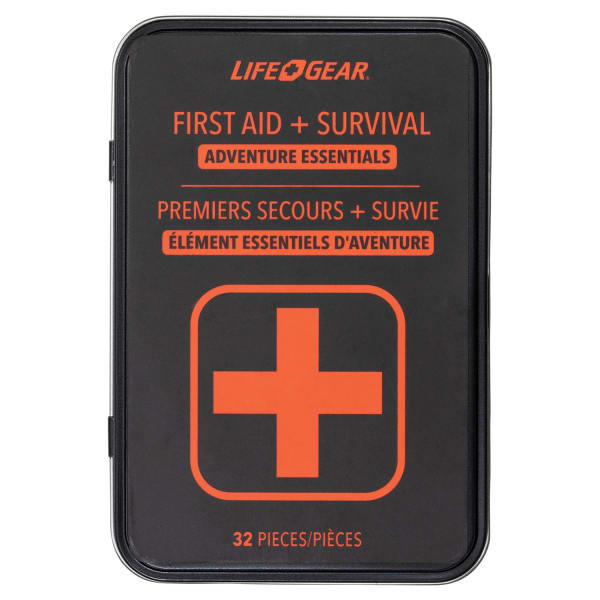 Life+Gear First Aid And Survival Essentials Tin, 5-1/2inH x 1inW x 4-5/16inD, Black, Set Of 32 Pieces
