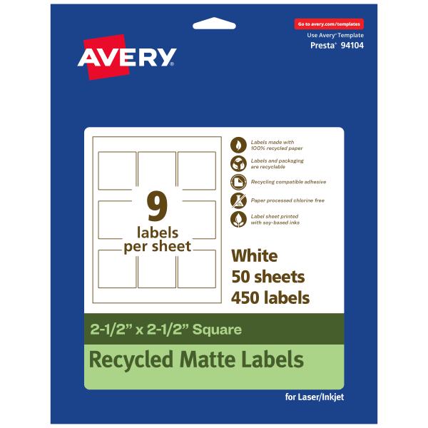 Avery Recycled Paper Labels, 94104-EWMP50, Square, 2-1/2in x 2-1/2in, White, Pack Of 450