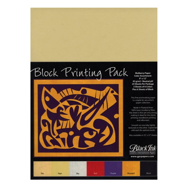 Black Ink Thai Mulberry Block Printing Paper, 9in x 12in, Assorted, Pack Of 24 Sheets