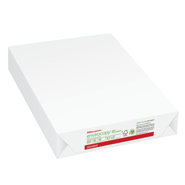 Office Depot EnviroCopy Copy Paper, 1 Ream, White, Letter (8.5in x 11in), 500 Sheets Per Ream, 20 Lb, 92 Brightness, 30% Recycled, FSC Certified