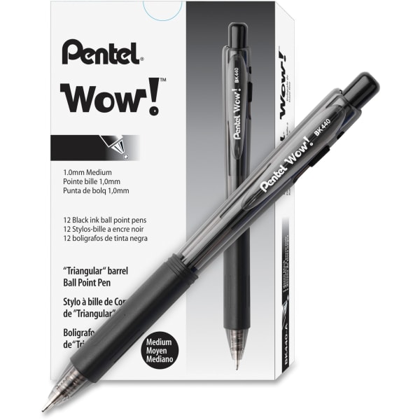 Pentel WOW! Retractable Ballpoint Pens, Pack Of 36, Medium Point, Transparent Barrel, Black Ink