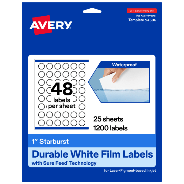Avery Waterproof Permanent Labels With Sure Feed, 94606-WMF25, Starburst, 1in, White, Pack Of 1,200