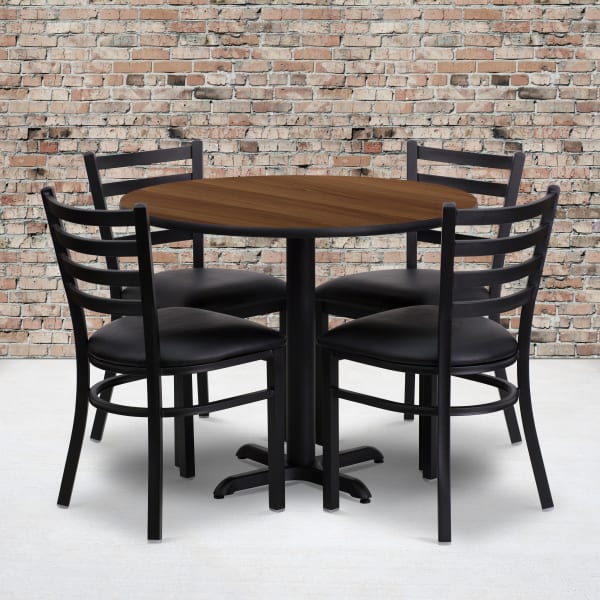 Flash Furniture Round Table With X-Base And 4 Ladder-Back Chairs, 30in x 36in, Walnut/Black