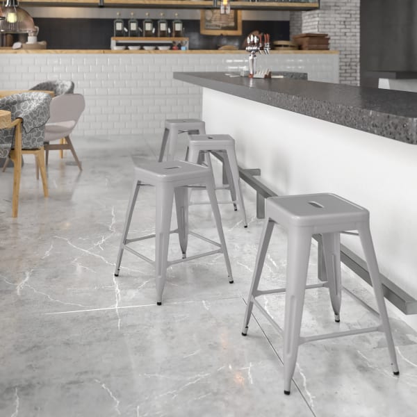 Flash Furniture 24inH Commercial-Grade Metal Backless Counter Stool, Silver