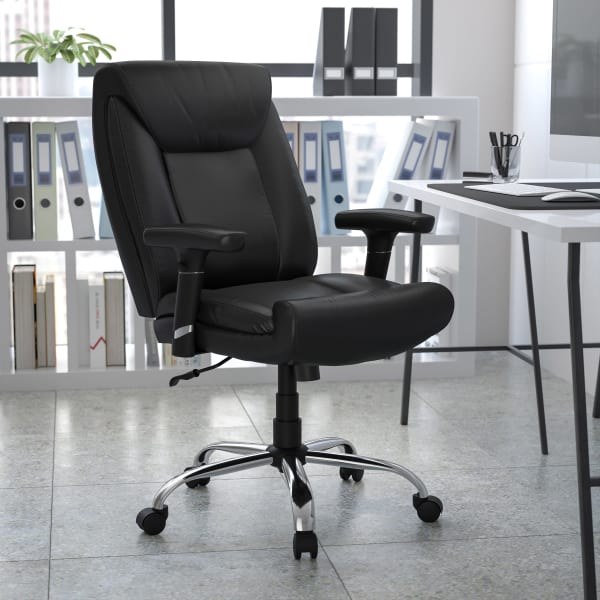 Flash Furniture Hercules Big & Tall Ergonomic LeatherSoft Faux Leather Mid-Back Swivel Task Chair With Adjustable Arms, Black