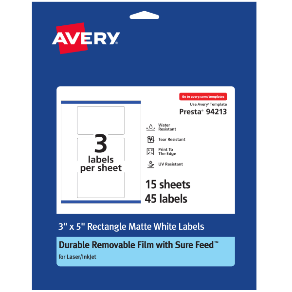 Avery Durable Removable Labels With Sure Feed, 94213-DRF15, Rectangle, 3in x 5in, White, Pack Of 45