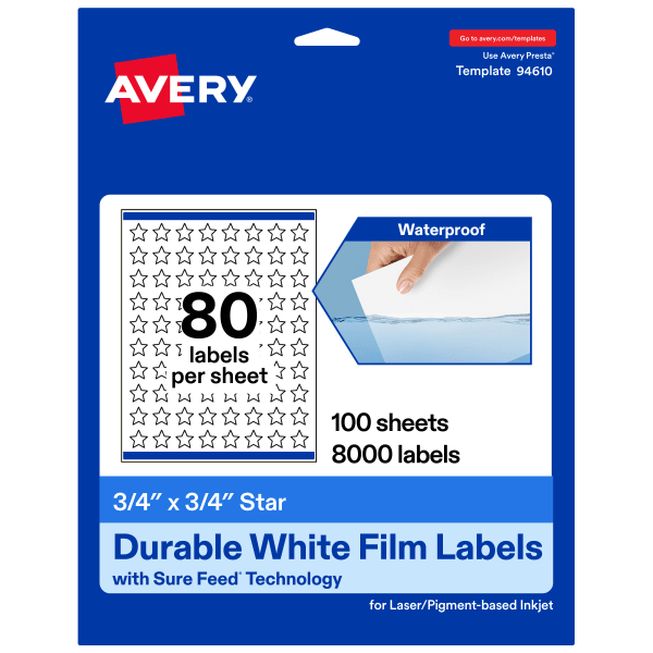 Avery Waterproof Permanent Labels With Sure Feed, 94610-WMF100, Star, 3/4in x 3/4in, White, Pack Of 8,000