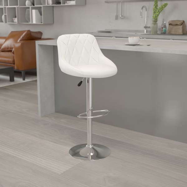 Flash Furniture Contemporary Vinyl Bucket Seat Adjustable Height Barstool with Diamond Pattern Back and Chrome Base, White
