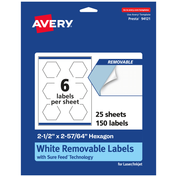 Avery Removable Labels With Sure Feed, 94121-RMP25, Hexagon, 2-1/2in x 2-57/64in, White, Pack Of 150 labels