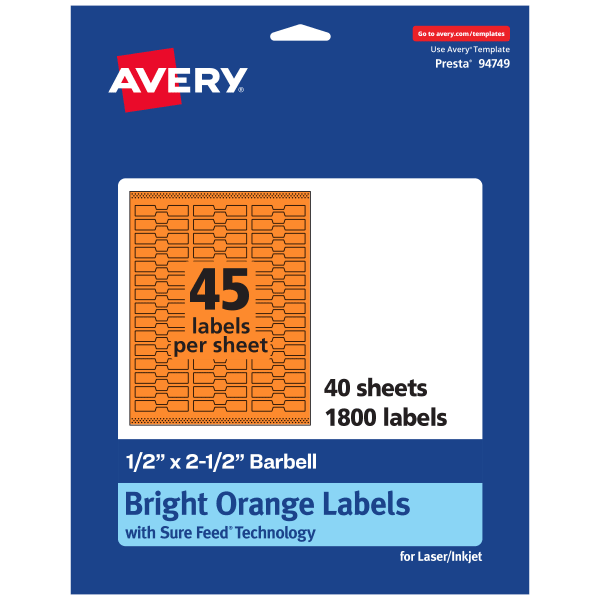 Avery Printable Labels With Sure Feed Technology, 94749-BOP40, Barbell, 1/2in x 2-1/2in, Matte Bright Orange, Pack of 1800