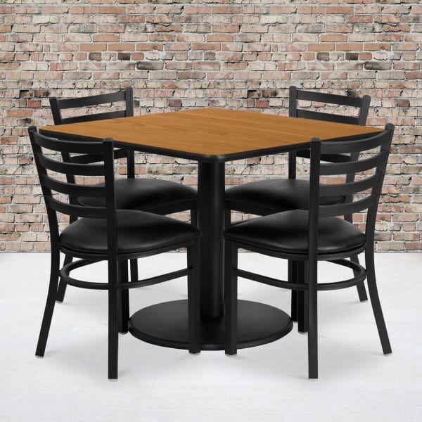 Flash Furniture Square Laminate Table Set With Round Base And 4 Ladder Back Metal Chairs, 30inH x 36inW x 36inD, Natural/Black