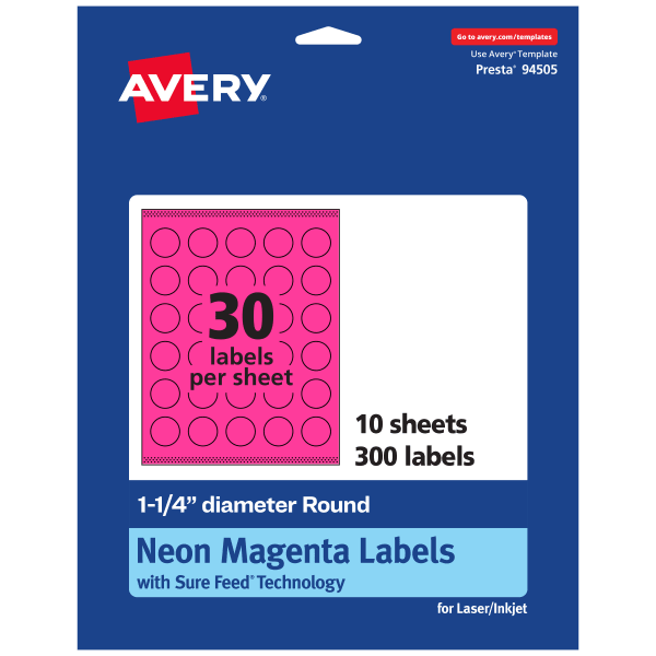Avery Print-To-The-Edge Labels With Sure Feed Technology, 94505-NMP10, Round, 1-1/4in, Matte Neon Magenta, Pack of 300