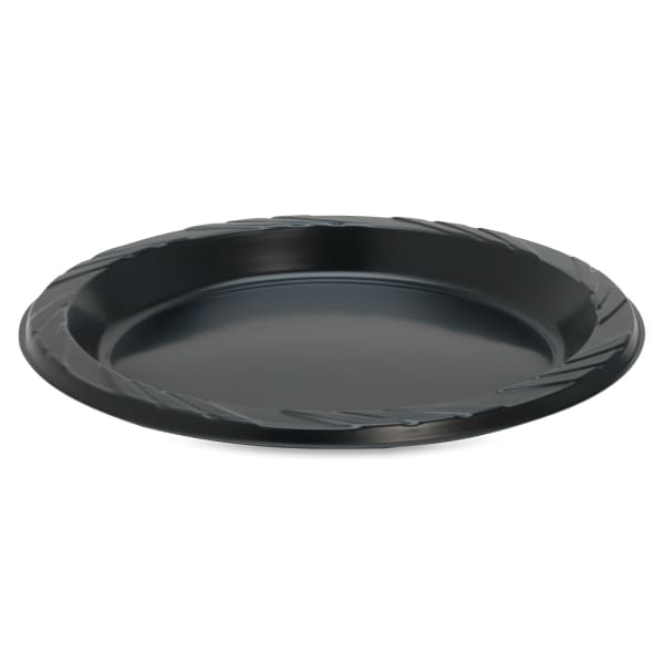 Genuine Joe Round Plastic Black Plates - 125 / Pack - 9in Diameter Plate - Plastic - Serving - Disposable - Black - 500 Piece(s) / Carton