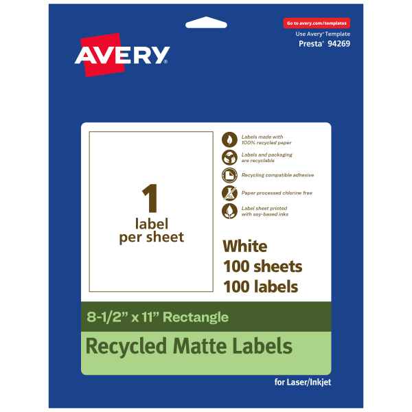 Avery Recycled Paper Labels, 94269-EWMP100, Rectangle, 8-1/2in x 11in, White, Pack Of 100