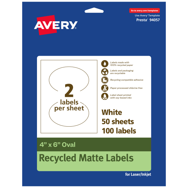Avery Recycled Paper Labels, 94057-EWMP50, Oval, 4in x 6in, White, Pack Of 100