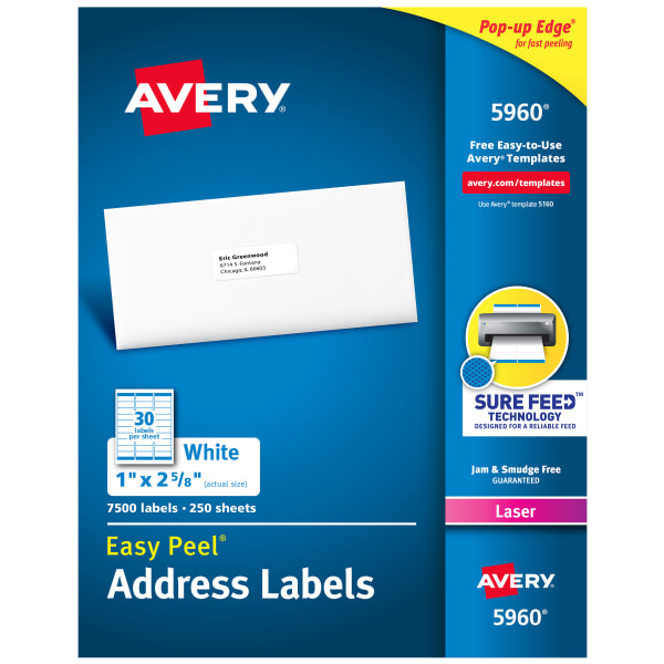 Avery Easy Peel Address Labels With Sure Feed Technology, 5960, Rectangle, 1in x 2-5/8in, Matte White, Box Of 7,500