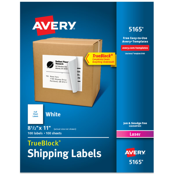 Avery Permanent Full-Sheet Labels, 5165, Laser, 8 1/2in x 11in, White, Box Of 100