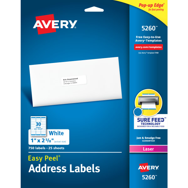 Avery Easy Peel Address Labels With Sure Feed Technology, 5260, Rectangle, 1in x 2-5/8in, Matte White, Pack Of 750