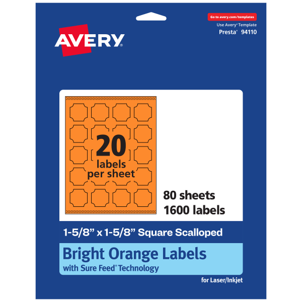 Avery Print-To-The-Edge Labels With Sure Feed Technology, 94110-BOP80, Square Scalloped, 1-5/8in x 1-5/8in, Matte Bright Orange, Pack of 1600