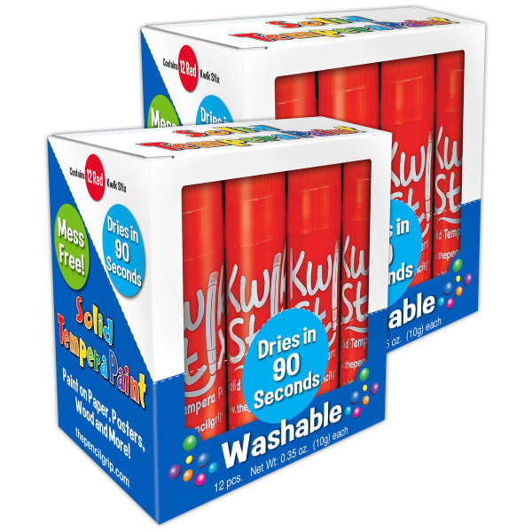The Pencil Grip Kwik Stix Solid Tempera Paint Sticks, Red, 12 Sticks Per Pack, Set Of 2 Packs