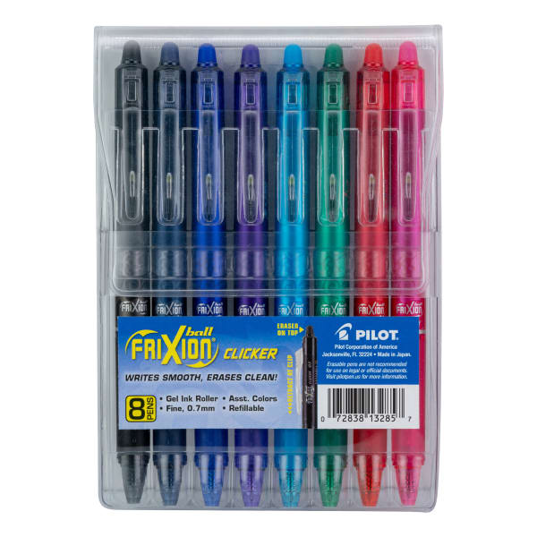 Pilot FriXion Ball Clicker Erasable Retractable Gel Pens, Pack of 8, Fine Point, 0.7 mm, Assorted Barrel Colors, Assorted Ink Colors