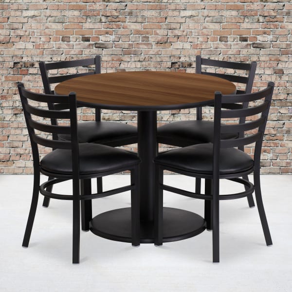 Flash Furniture Round Laminate Table Set With Round Base And 4 Ladder-Back Metal Chairs, 30inH x 36inW x 36inD, Walnut/Black