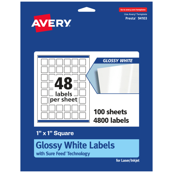 Avery Glossy Permanent Labels With Sure Feed, 94103-WGP100, Square, 1in x 1in, White, Pack Of 4,800