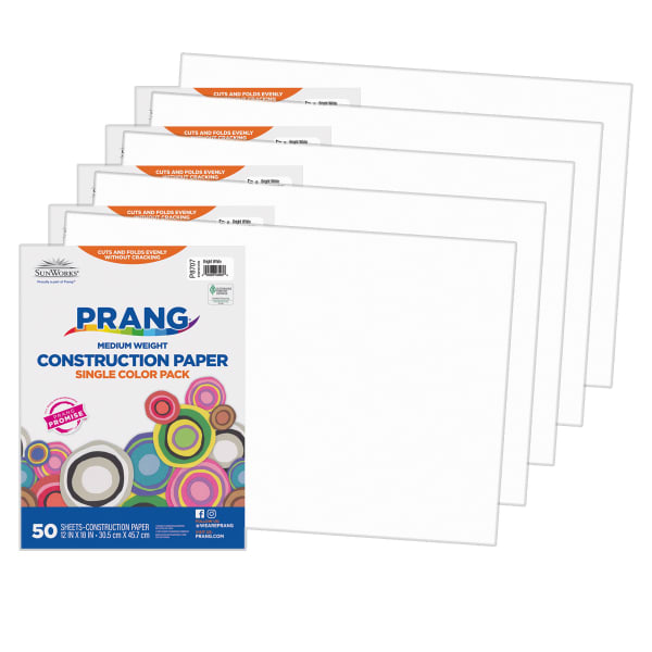 Prang Construction Paper, Medium Weight, 12in x 18in, Bright White, 50 Sheets Per Pack, Set Of 5 Packs
