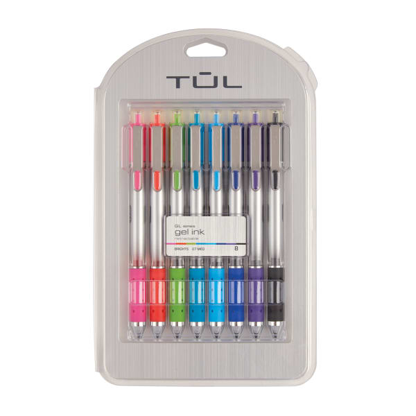 TUL GL Series Retractable Gel Pens, Medium Point, 0.7 mm, Silver Barrel, Assorted Bright Inks, Pack Of 8 Pens