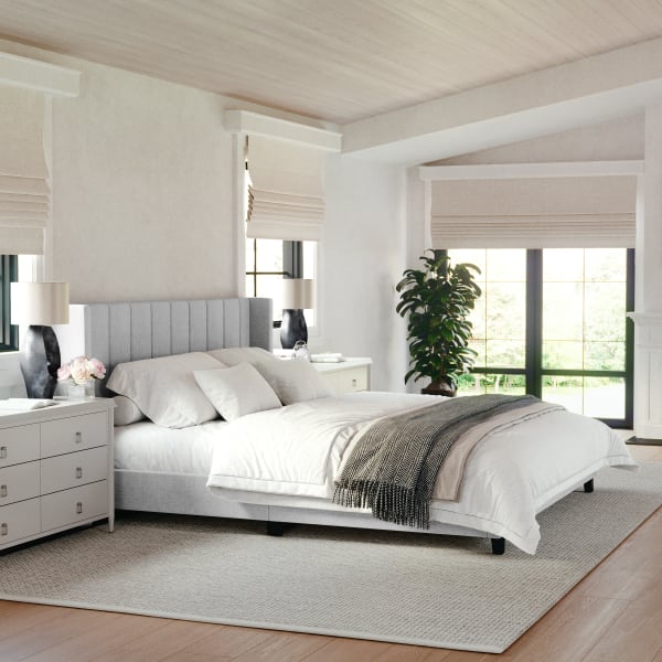 Martha Stewart Kay Upholstered Platform Bed with Channel Stitched Wingback Headboard and Cushioned Siderails, Wood Slat Foundation, No Box Spring Needed, Gray Fabric/Black Legs, King
