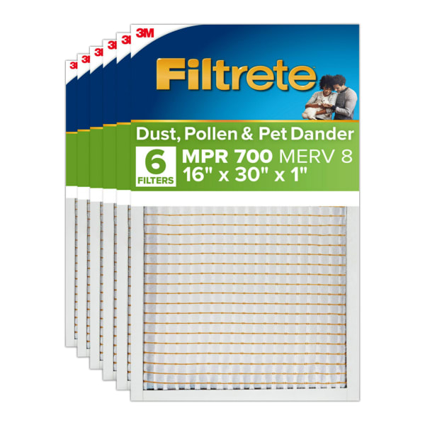 Filtrete 16 x 30 x 1 Air Filter, 6 HVAC Filters, MPR 700, MERV 8, Easy on Airflow, Dust, Pollen & Pet Dander, 3 Month AC and Furnace Filters