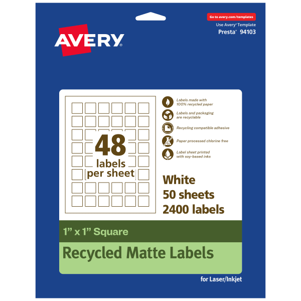 Avery Recycled Paper Labels, 94103-EWMP50, Square, 1in x 1in, White, Pack Of 2400