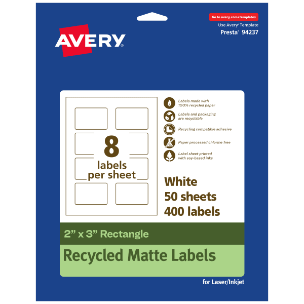 Avery Recycled Paper Labels, 94237-EWMP50, Rectangle, 2in x 3in, White, Pack Of 400