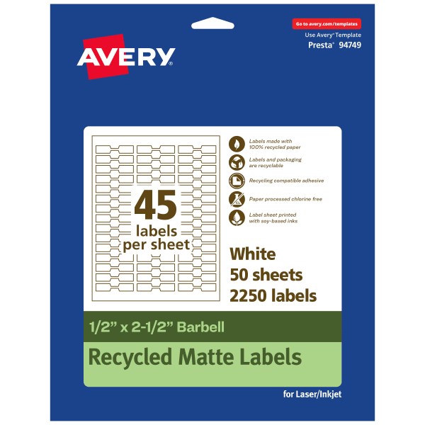 Avery Recycled Paper Labels, 94749-EWMP50, Barbell, 1/2in x 2-1/2in, White, Pack Of 2250