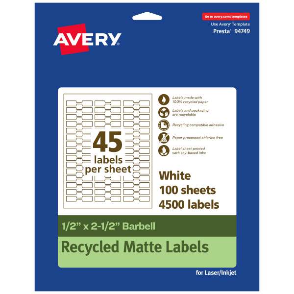 Avery Recycled Paper Labels, 94749-EWMP100, Barbell, 1/2in x 2-1/2in, White, Pack Of 4500