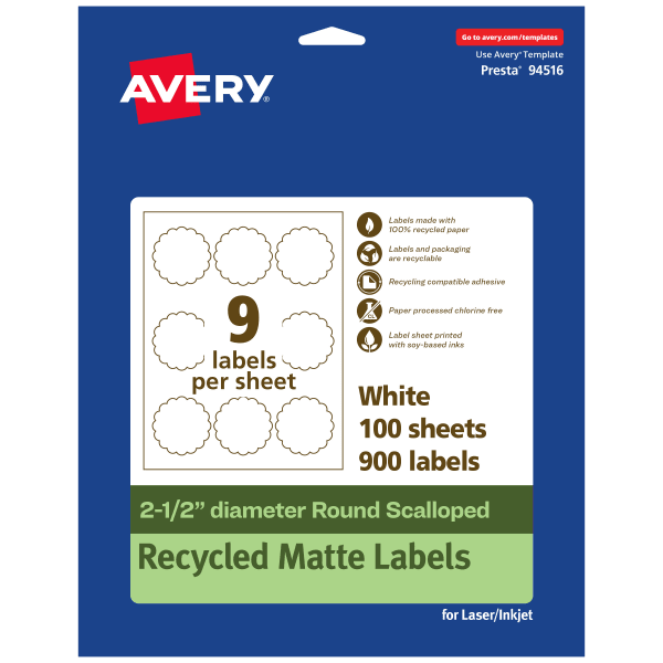 Avery Recycled Paper Labels, 94516-EWMP100, Round Scalloped, 2-1/2in, White, Pack Of 900
