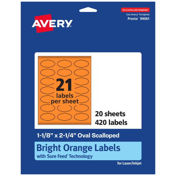 Avery Print-To-The-Edge Labels With Sure Feed Technology And Easy Peel Label Feature, 94061-BOP20, Matte Bright Orange, Pack of 420