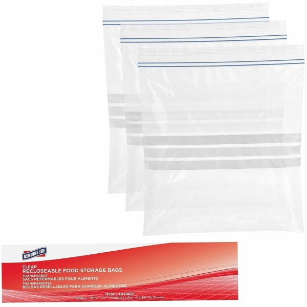 Genuine Joe Food Storage Bags - 1 gal Capacity - 10.56in Width x 11in Length x 1.75 mil (44 Micron) Thickness - Zipper Closure - Clear - Food, Beef, Poultry, Vegetables, Seafood - 40 Box - 9 / Carton