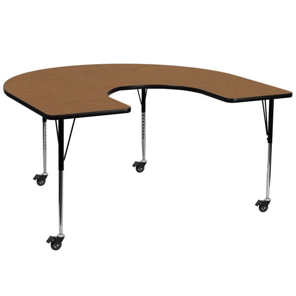 Flash Furniture Mobile Height Adjustable Thermal Laminate Horseshoe Activity Table, 30-3/8inH x 60ft"W x 66inD, Oak