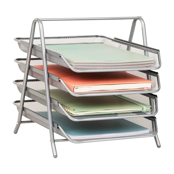 Mind Reader 4-Tier Desktop Organizer Paper Tray, 12-1/2inH x 13-3/4inW x 11-3/4inD, Silver