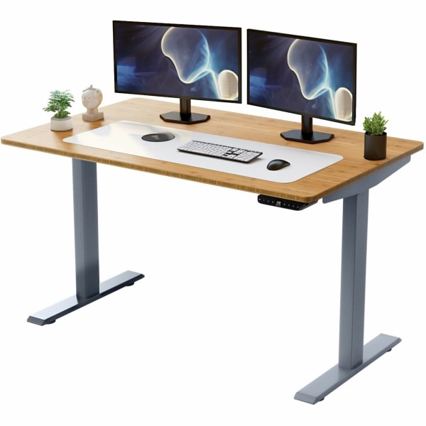 Rise Up Electric Standing Desk 60x30in Natural Bamboo Desktop Dual Motors Adjustable Height Gray Frame (26-51.6in) with memory