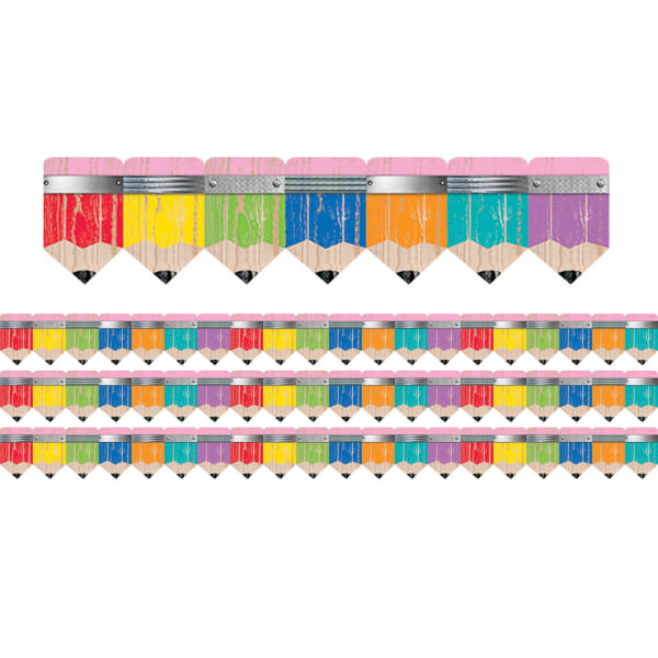 Creative Teaching Press Scallops EZ Borders, Rustic Pencils, 24 Borders Per Pack, Set Of 3 Packs