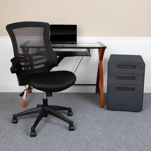 Flash Furniture Work From Home Desk And Chair Set With Glass Desk, Ergonomic Mesh Office Chair And Filing Cabinet, Black